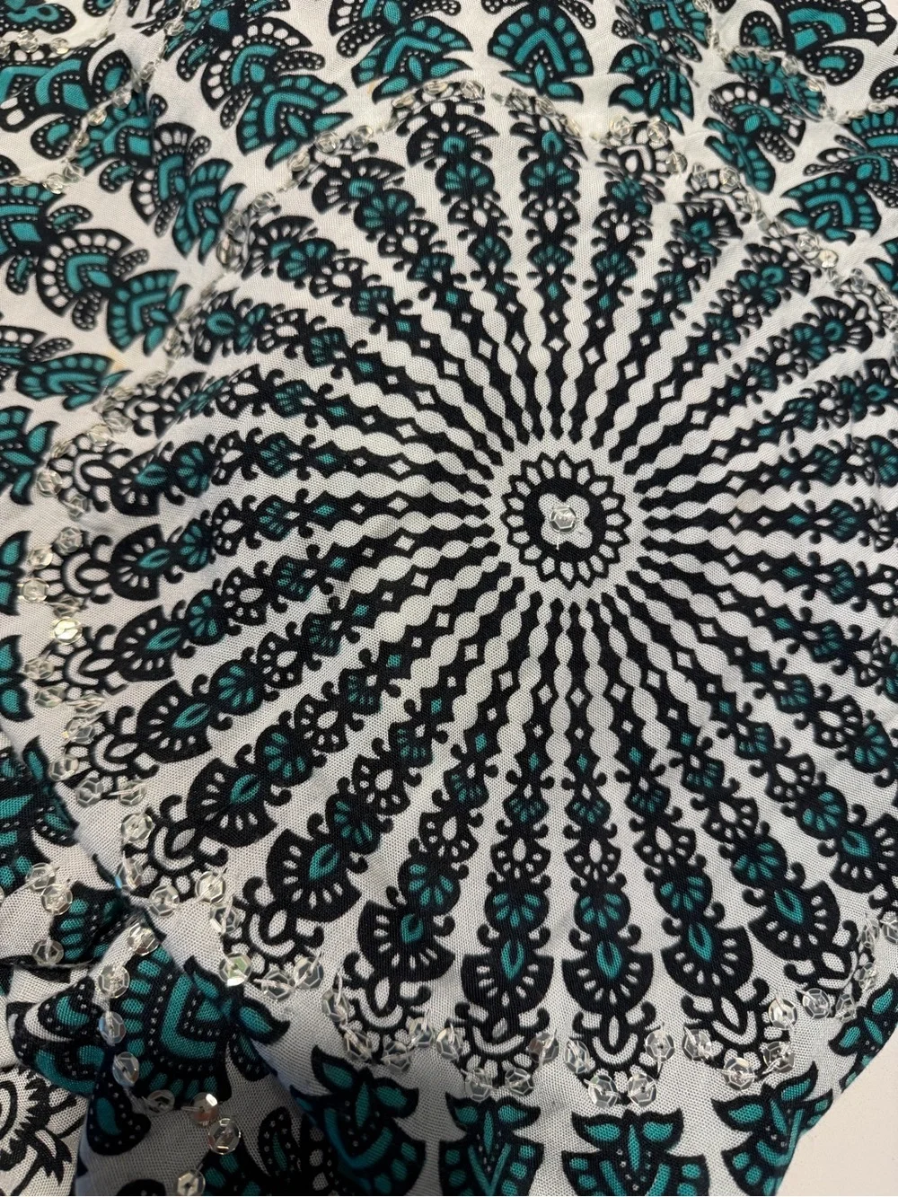 Bohemian Teal Black Mandala oversized scarf with silver sequin detail  tassels